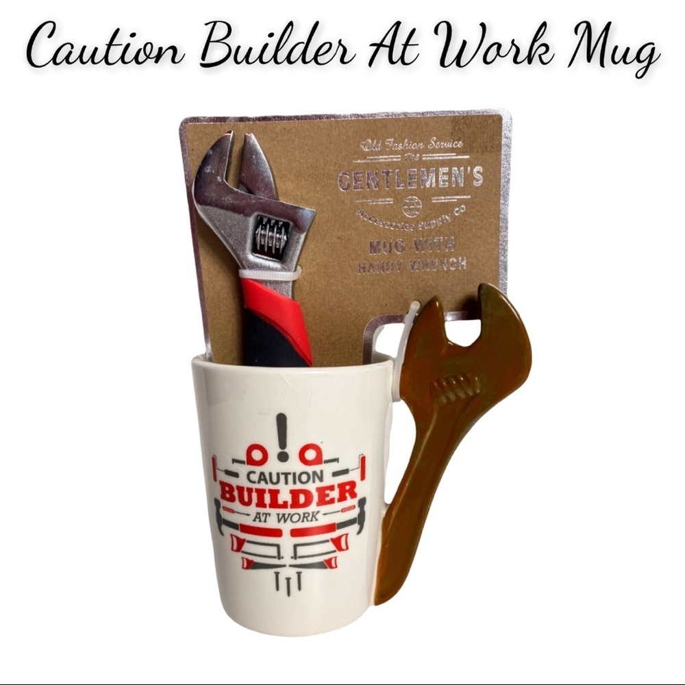 NWT “CAUTION - BUILDER AT WORK" Mug With Wrench Handle, Handy Wrench Included